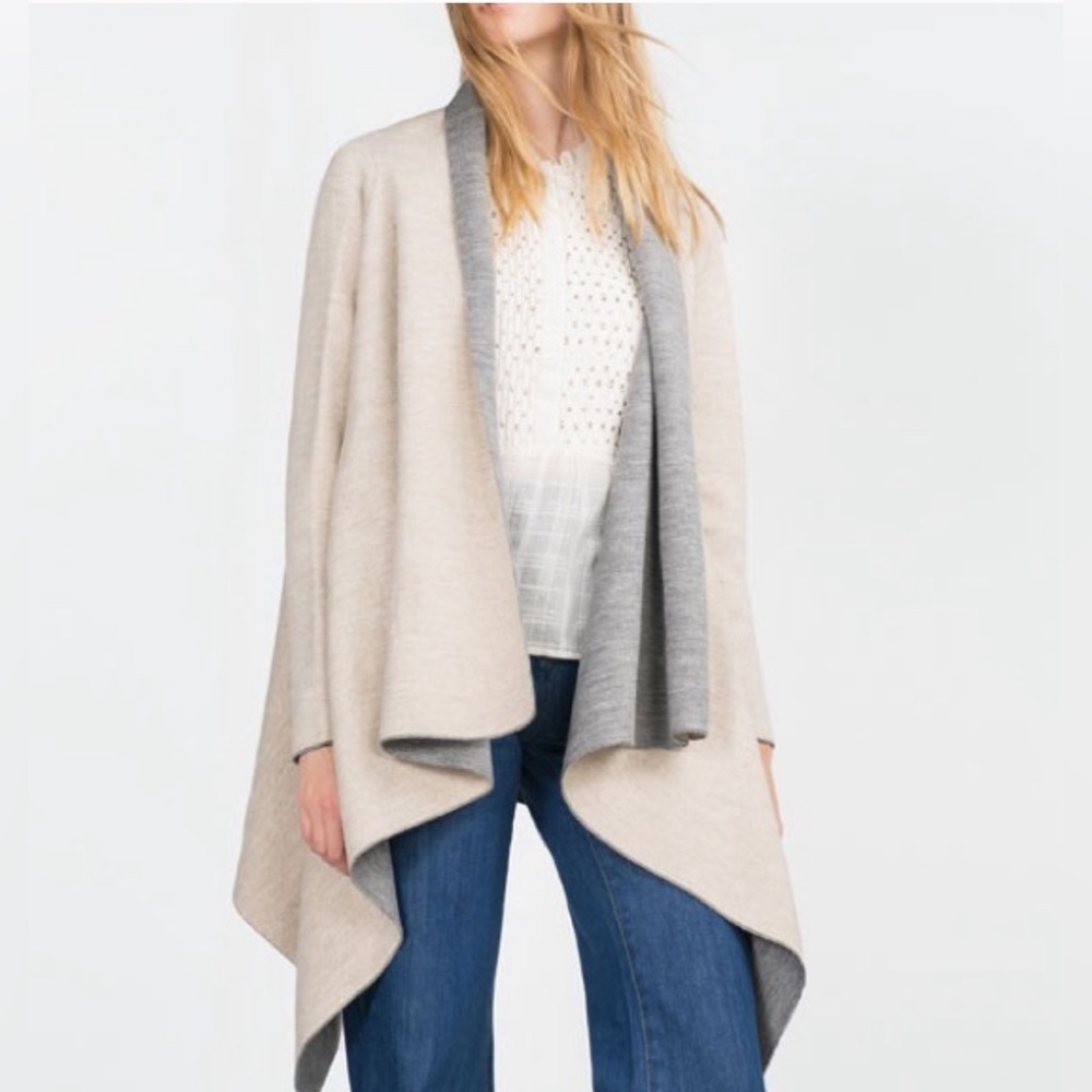 🌺 2/$20 Zara knit coatigan waterfall drape  gray and tan size small cardigan